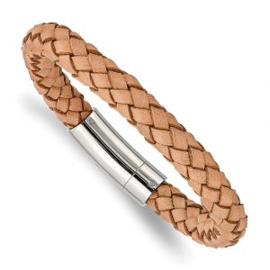 Stainless Steel Polished Light Tan Leather 8.5-inch Bracelet