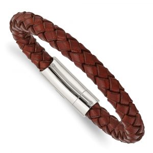 Stainless Steel Polished Brown Leather 8.5-inch Bracelet