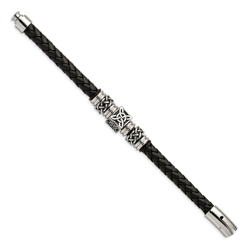 Stainless Steel Antiqued and Polished Black Leather 8.5-inch Bracelet - Image 3