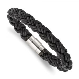 Stainless Steel Polished Black 8.5-inch Leather Bracelet