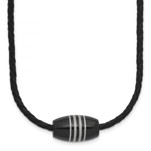 Stainless Steel Polished Black IP-plated Leather Cord 20-inch Necklace