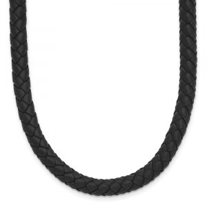 Stainless Steel Polished Woven Black Leather 19.5in Necklace
