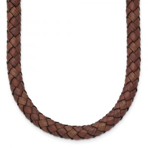 Stainless Steel Polished Woven Brown Leather 19.5in Necklace