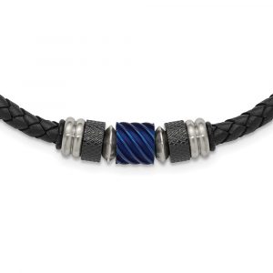 Stainless Steel Brushed/Polished Blk/Blue IP Blk Rubber Leather Necklace - 20-inch