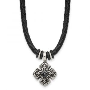 Stainless Steel Polished Black IP w/CZ Black Leather Necklace - 21-inch