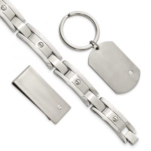 Stainless Steel Brushed and Polished Bracelet, Money Clip and Key Ring Set