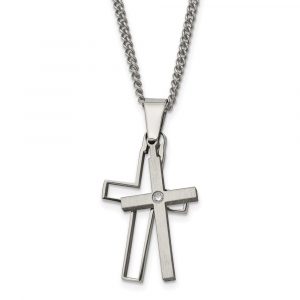 Titanium Brushed and Polished w/.03ct Diamond Cross 22-inch Necklace