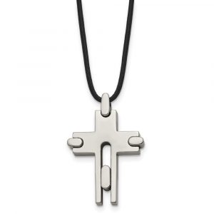 Titanium Polished Cross Leather Cord 18-inch Necklace