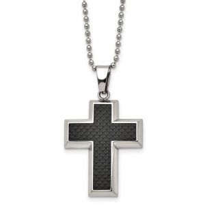 Titanium Polished w/Black Carbon Fiber Inlay Cross 22-inch Necklace