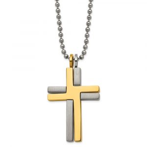 Titanium Brushed & Polished Yellow IP 22-inch Cross Necklace