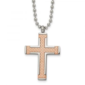 Titanium Polished Rose IP-plated Laser Cut Cross 22-inch Necklace