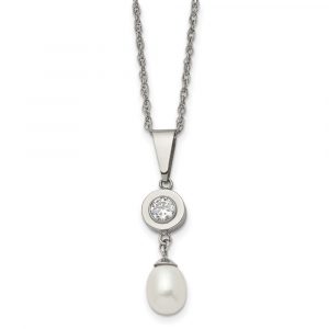 Titanium Polished w/CZ and Freshwater Cultured Pearl 22-inch Necklace