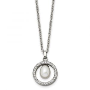 Titanium Polished w/CZ and Freshwater Cultured Pearl 22-inch Necklace